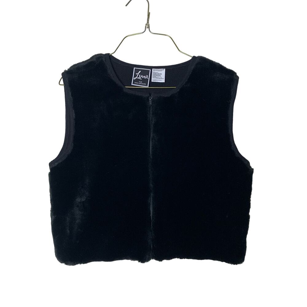 Lennie for Nina Leonard 90s‎ Vintage Black Faux Fur Vest Zip Front Cropped SMALL